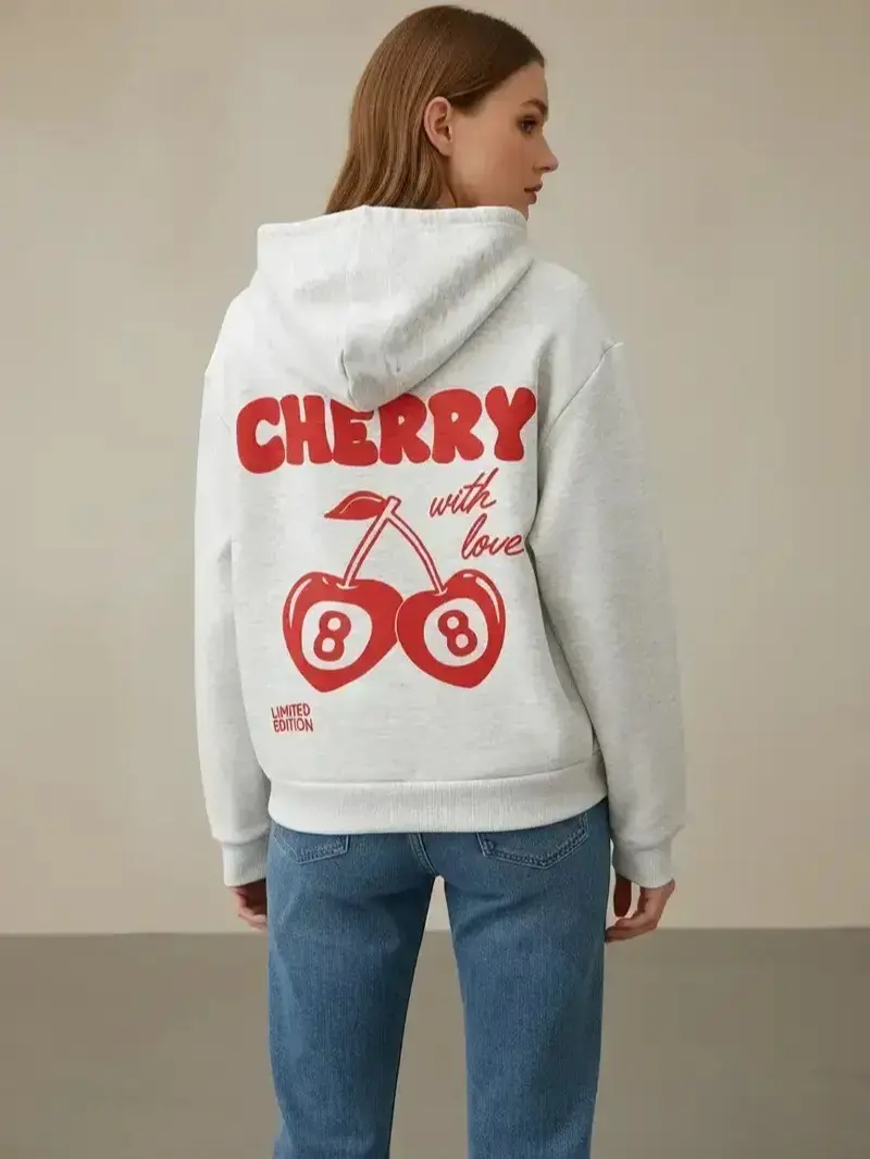 Cherry With Love Graphic Hoodie Cute Retro Streetwear Casual Pullover