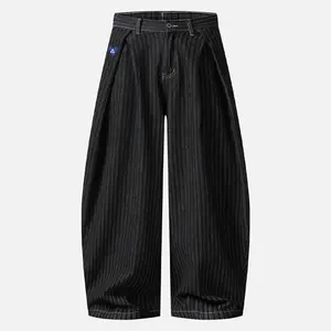 Aelfric Eden Pinstripe Baggy Barrel Jeans High Waist Balloon Barrel Silhouette Pinstripe Denim Fabric Pleated Waist Detail Heavyweight Denim Retro Streetwear Unisex Bottoms,father'sdaygifts