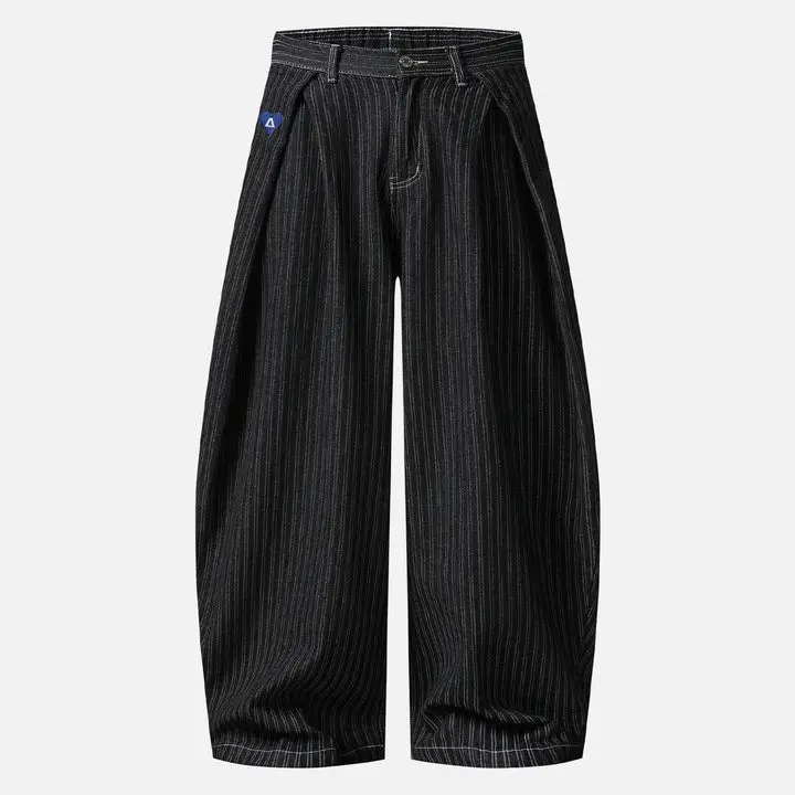 Aelfric Eden Pinstripe Baggy Barrel Jeans High Waist Balloon Barrel Silhouette Pinstripe Denim Fabric Pleated Waist Detail Heavyweight Denim Retro Streetwear Unisex Bottoms