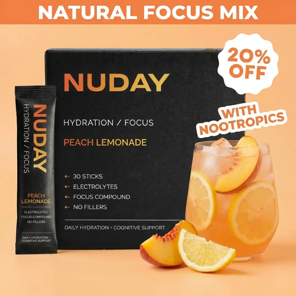 NUDAY Focus + Hydration Electrolyte Mix with Nootropics - Peach Lemonade - 1,300mg Electrolytes, L-Theanine, L-Tyrosine, Sugar-Free, Vegan & 100% Natural. The Smarter Daily Hydration.