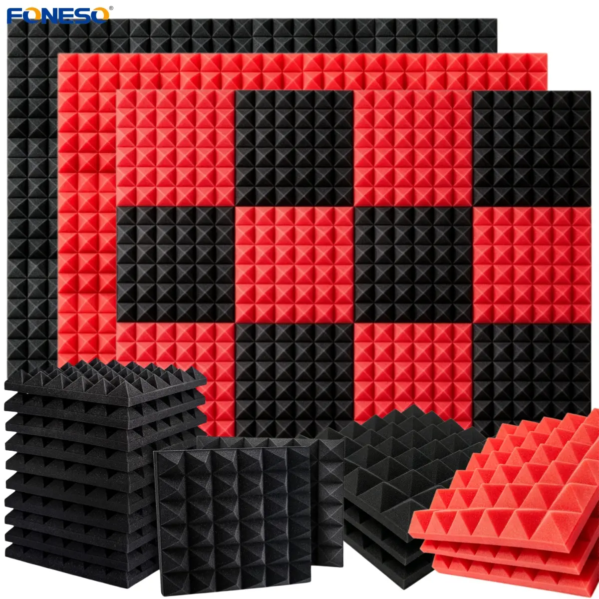 12"x12"x2" inch Pyramid Acoustic Foam Panels, 25kg/m³ High Density Fire Resistant Soundproof Foam Wall Panels, Noise Absorbing Acoustic Treatment for Studio, Ceiling, Meeting Room & Home Decor, 12–24 Pack