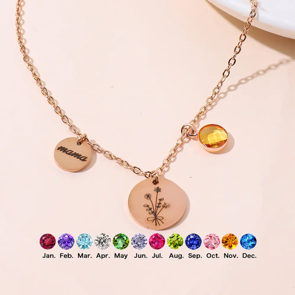 Engraved Necklace with Custom Name & Birthday Flower Motif, Metal-Coated Stainless Steel Round Pendant, Unisex Custom Made Jewelry for Daily Wear, Flowers, Metal Coating