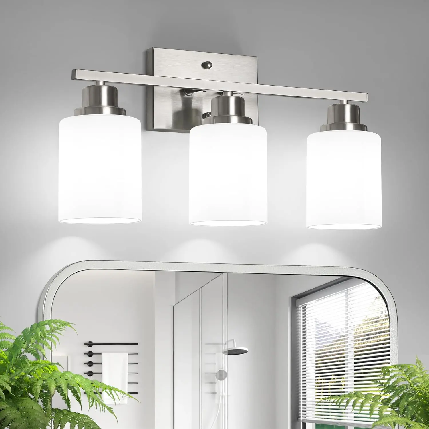 Bathroom Light Fixtures, 3-Light Vanity Light Over Mirror, Brushed Nickel Wall Sconces with Milky White Frosted Glass Shades, Wall Lamp for Living Room Bedroom, E26 Base(Bulbs Not Included)