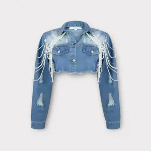Teaser Cropped Denim Jacket With Pearls Casual