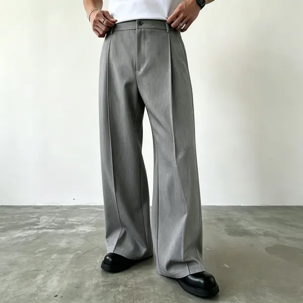 Men's Suit Pants, Stylish Pleated Wide-Leg Polyester Trousers, High-Waisted with Buttons for Office and Street Style, Menswear, Casual Chic, Long Trousers, Buttons Men's Pants, Simple, Dry Clean Men's Pants