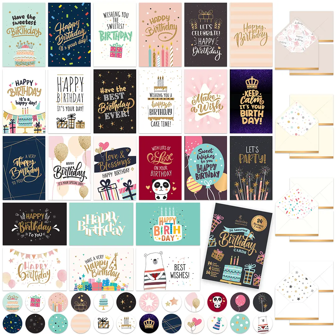 Decorably 24 Pack Foil and Glittery 6x4in Assorted Birthday Cards with Envelopes and Stickers, 24 Unique Festive Designs for Friends, Family, Loved Ones, with Printed Message Inside - Gifting, Mailing