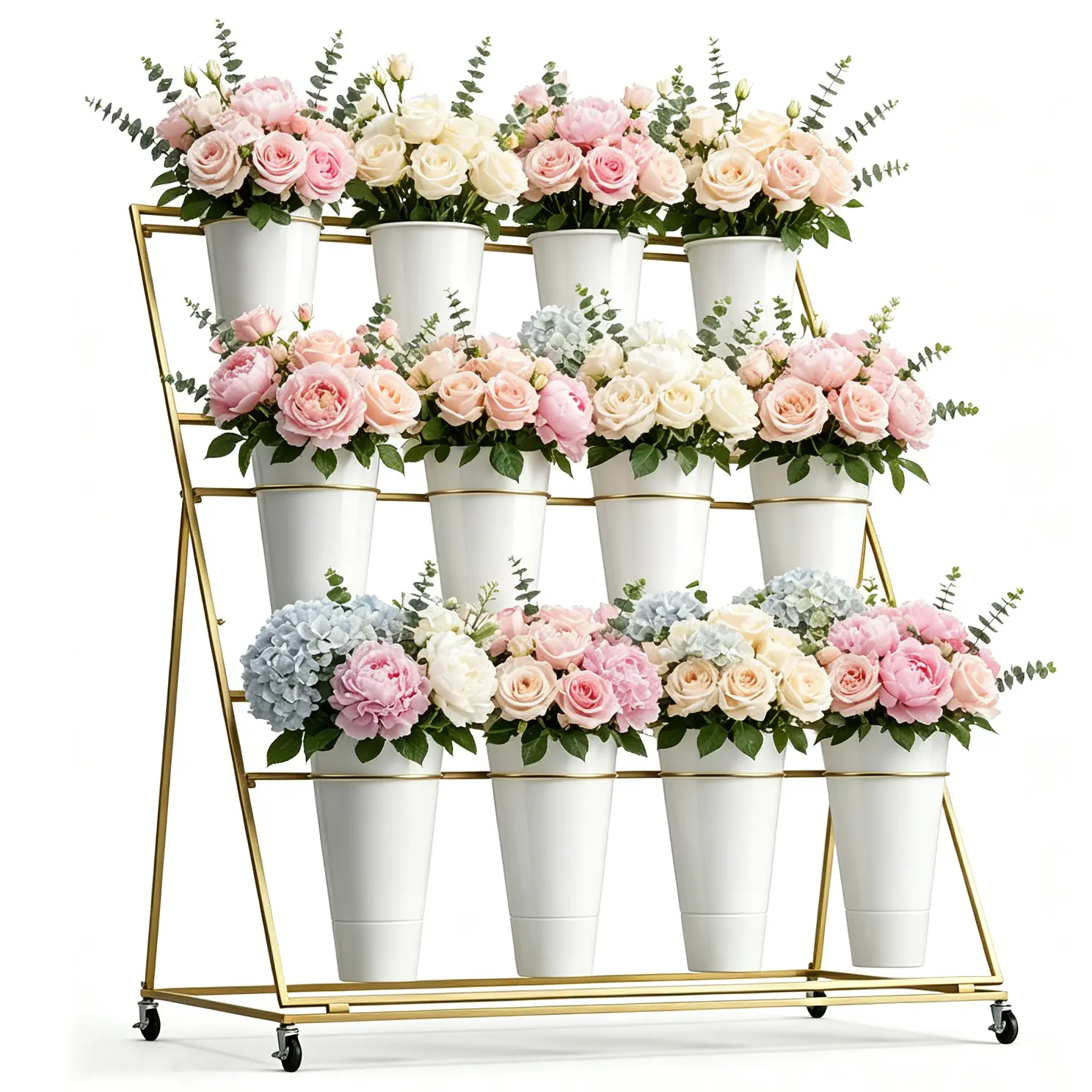 2-Piece Gold Frame Flower Display Stand Set - 3 Layers with 12 Round Buckets, Lockable Wheels, Movable Metal Elevated Planter for Flower Shops, Events, Terrace Garden Patioplants Decorative Pot, 2-Piece Set