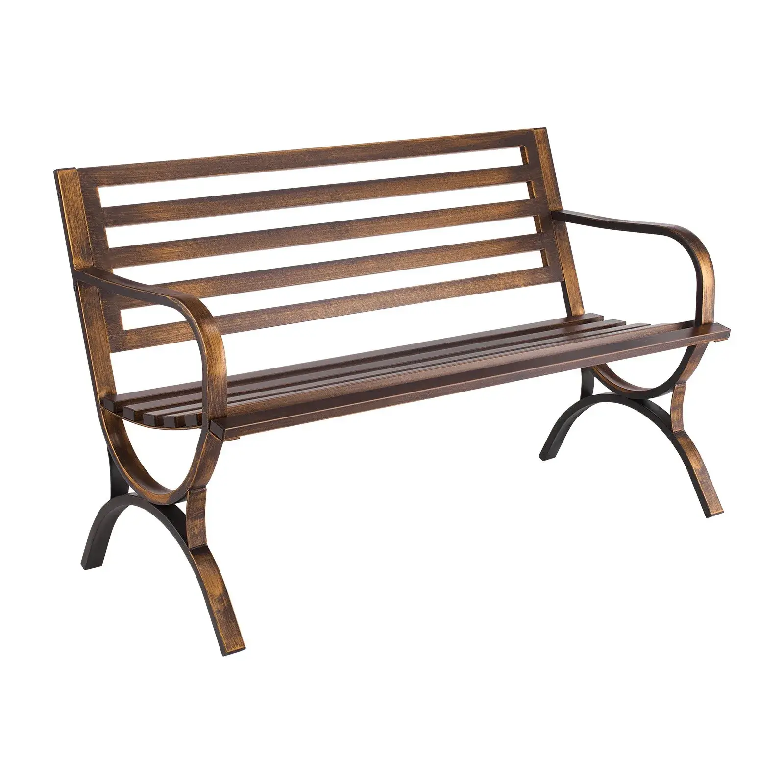 Weatherproof Carbon Steel Garden Bench, 50 Inch Antique Bronze Outdoor Metal Bench with Slatted Backrest & Round Edge Armrests, Rustproof Heavy Duty All-Weather Sturdy Seating for Long-Term Patio Yard Park Outdoor Use