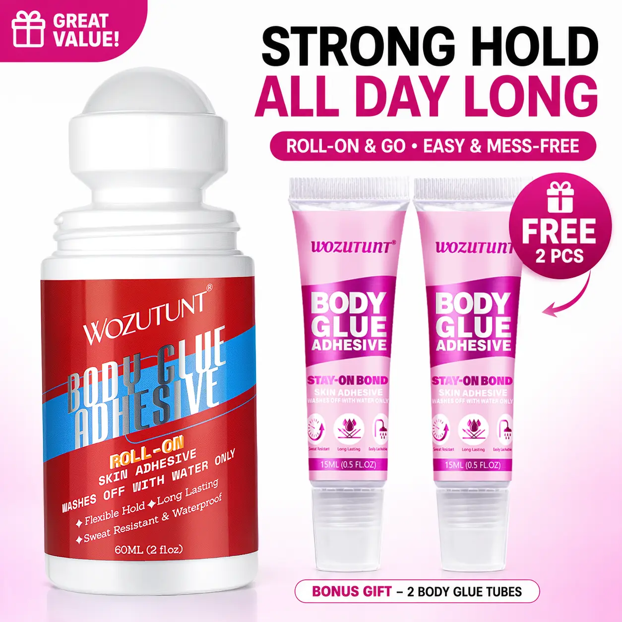 Body Glue Adhesive 60ML Roll-On Versatile Strong Hold for Temporary & Permanent Use Easy Application for Adults & Children Free Gift 2PCS 15ML Body Glue