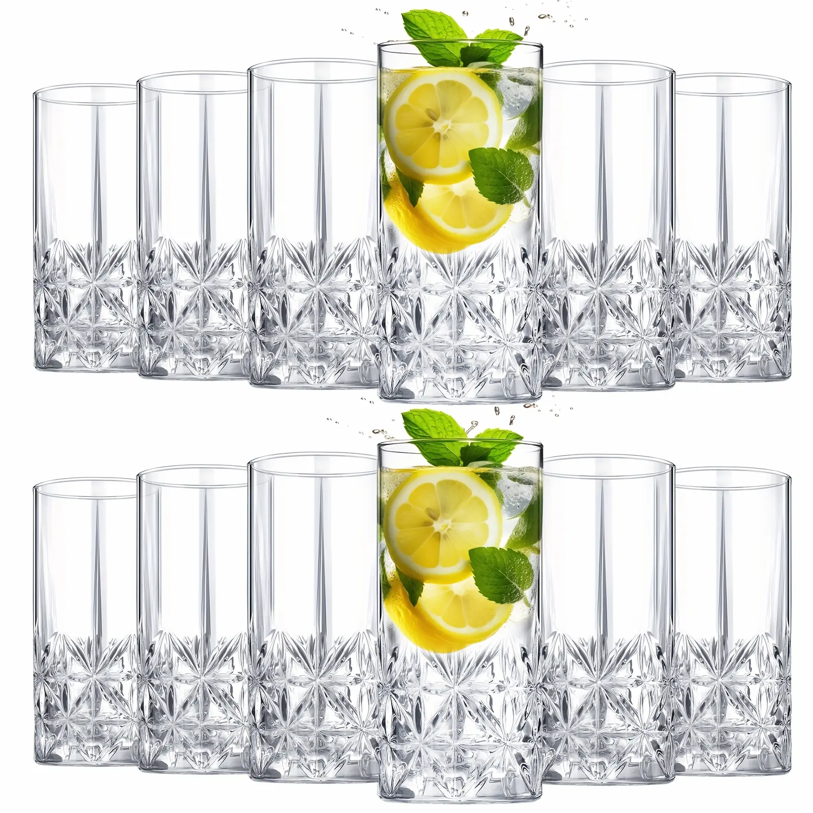 Set Of 12 Tall Highball Glasses 12oz Crystal Drinking Glasses Clear Fancy Glass Cups Vintage Textured Designer Glassware for Cocktail Tea Water Beer Soda Beverages, Dishwasher Safe