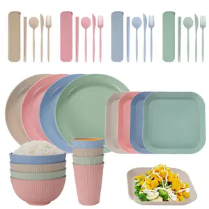 36pcs Portable Wheat Straw Tableware Set, Including Forks & Spoons & Chopsticks & Round Plates & Square Trays & Bowls & Cups, Portable Tableware Set for Camping, Picnic Outdoor Dining, Camping Supplies