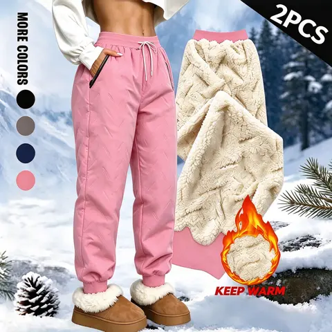 Women's 2-Piece Fleece-Lined Cuffed Pants Set - Essential Soft Thick Windproof Cotton, Adjustable Drawstring, Pocket Design, Fits Everyday Casual Outdoor Autumn-Winter Cold Protection, Multi-Color Options