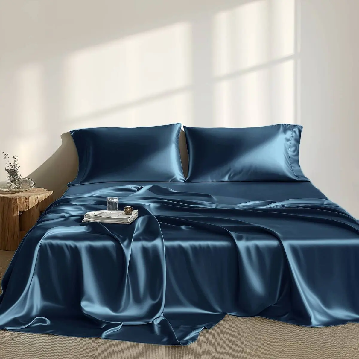 REGENCY HEIGHTS Luxury Silky 100% Polyester Flat Satin Sheets Set - Hotel Quality Sheets, Wrinkle-Free, Fade Resistant, Skin-Gentle, Lightweight, Cooling, Long-Lasting Soft Linens, Machine-Wash Easy, Pillow-Secure Shams, Bed Comforter Set Compatible