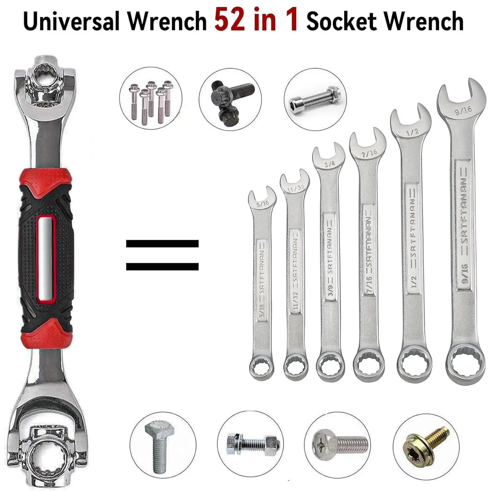 52 in 1 Universal Socket Wrench with 360 Degree Rotating Head, Multifunction Rubber Handle Spanner Tool, Heavy Duty Repair Wrench for Car Bicycle Home Maintenance, Practical Gift for Men