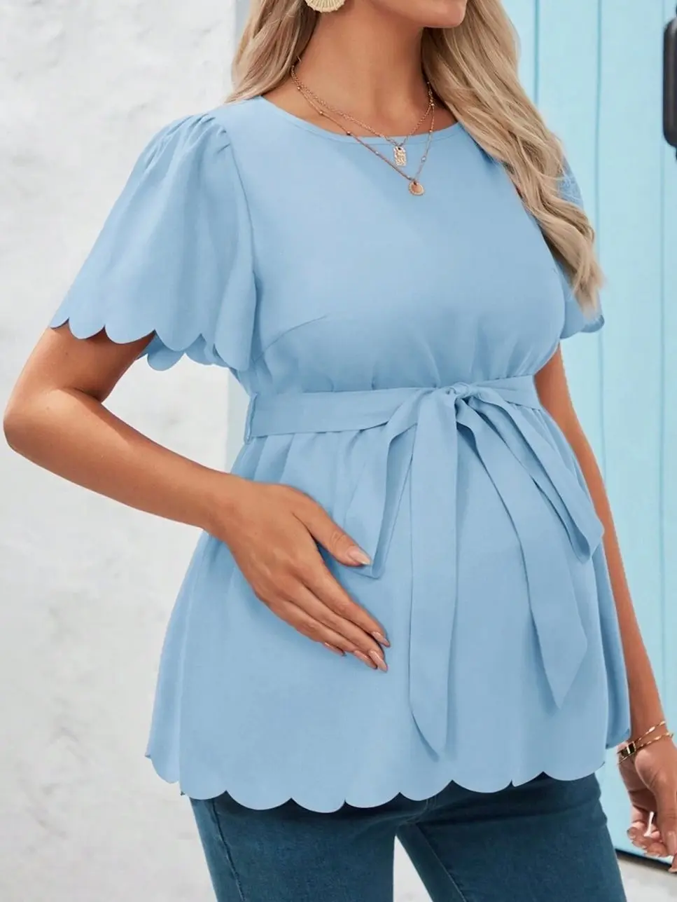 Maternity Flare Short Sleeve Shirt - Wavy Hemline & Casual Style