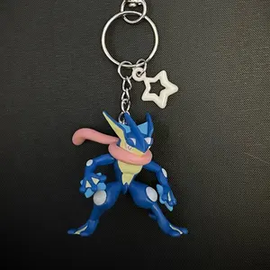 Greninja Keychain With Clip, Character Design, Keyring Attachment, Featuring Pink & Yellow Accents