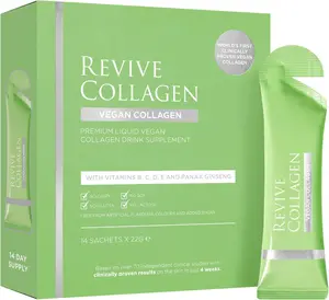 Vegan Plant-Based Collagen Beauty Supplement - 2500mg Dietary Liquid with Vitamin B, C, D, E - Raspberry Flavor Skin Care Support - 14 Sachets