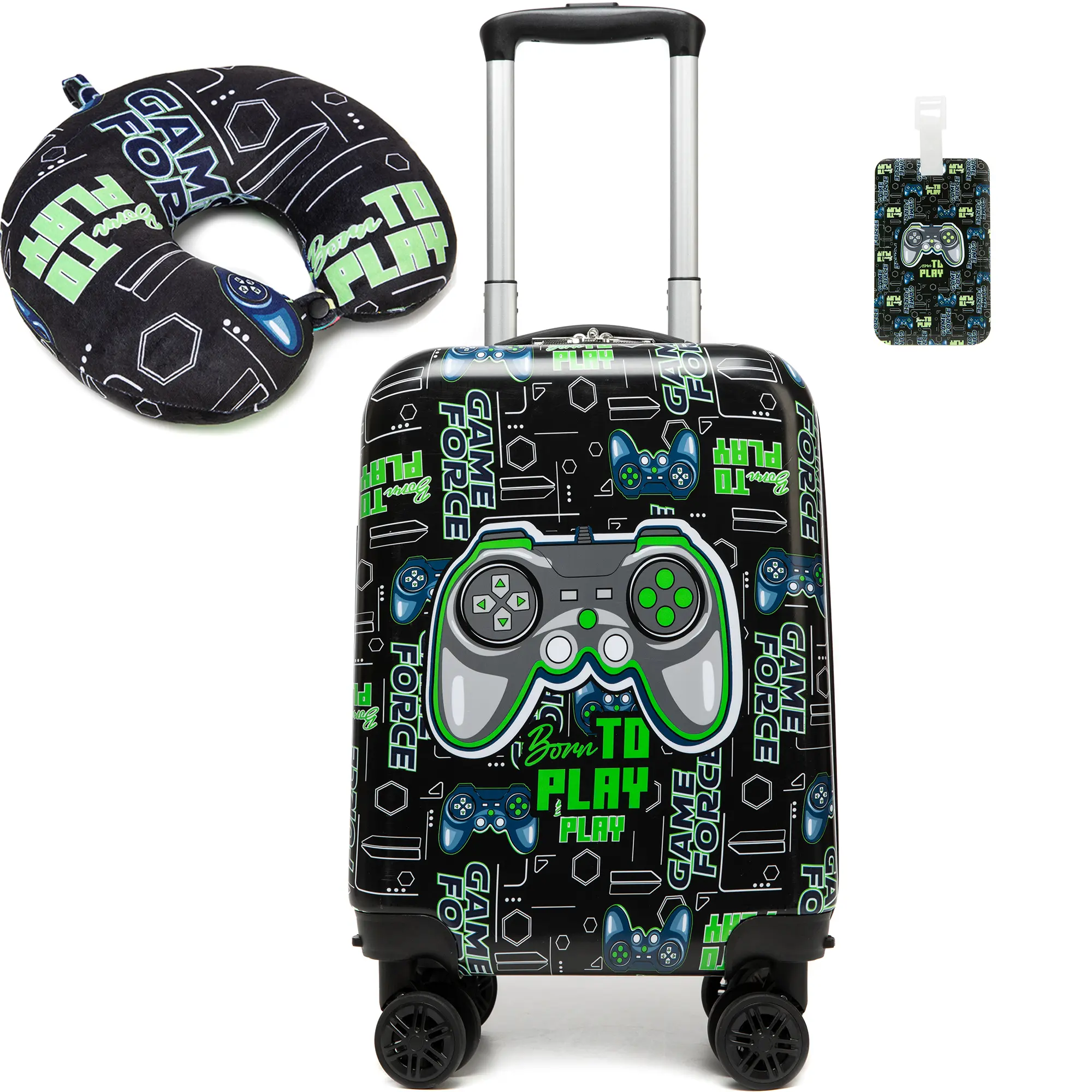 Kids' 3-Piece Lightweight Luggage Set, Hardside ABS Shell Gamer Suitcase with 360° Spinner Wheels & Neck Pillow for Travel, Childrens Bag, Wheeled Set, Carry On Backpack With Wheels, 3-Pcs, 4 Wheels 360 Rotation
