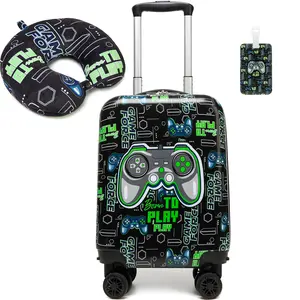 Heavy Duty Wheeled Suitcase Set for Kids 3-Pcs, Lightweight Hard Shell Travel Luggage with Matching Neck Pillow, Trendy Gamer Gift for Students portable carry summer hardside