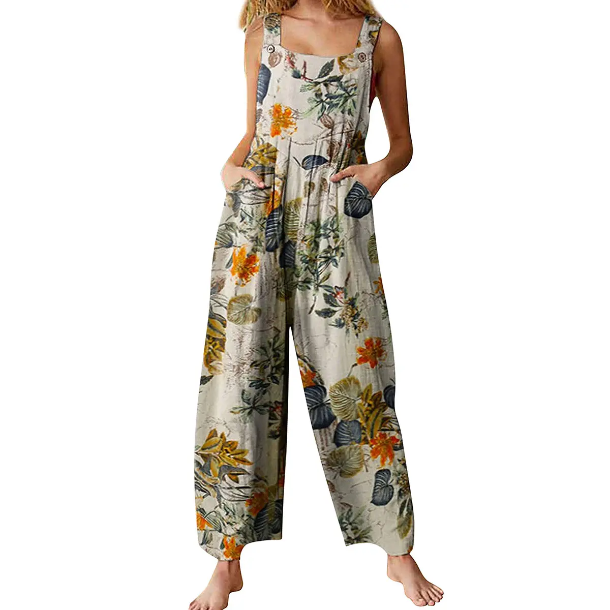 Women's Linen Like Patchwork Dual Pocket Jumpsuit Loose Floral Print Bohemian Wide Leg Bib Overall Casual Womenswear Printed SummerVibes