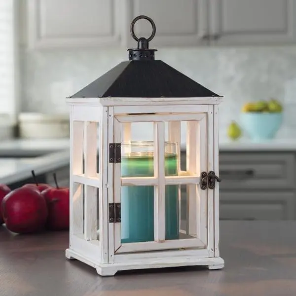 Weathered White Wooden Lantern – Flameless Candle Warmer Lamp for Farmhouse Home Decor