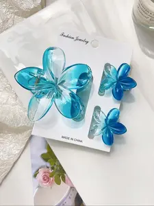 3Pcs Tropical Frangipani Hair Claw Clips - Glossy Ombre Translucent Aqua Blue, Mixed Sizes (Large & Small) - Boho Beach Hair Accessories for Summer, Music Festivals, Bridal & Mother's Day Gifts