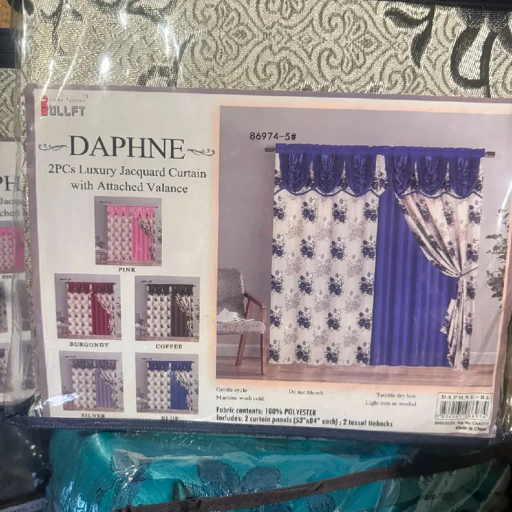 2-Piece Luxury Jacquard Curtain Set with Attached Valance – 53" x 84" (Blue)