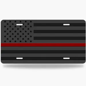American Flag, with Thin Red Line Metal Plate Aluminum License Plate - 6X12 - Inch Polished Metal Standard Plate, Easy to Install, Only for Decoration, Made in the USA