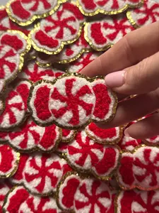 Christmas Red & White Peppermint Candy Patch, Chenille Iron on patch, Glitter border patch, Iron On patch, Hat Patch, Christmas patch