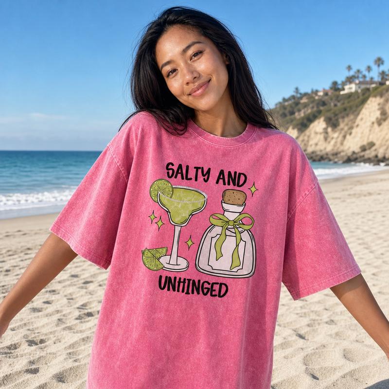 Funny Vacation Drinking Graphic Tee Women Soft Washed Cotton Salty And Unhinged Margarita Shirt S-5XL