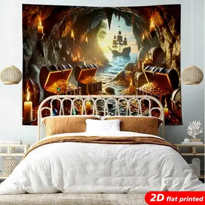 2D Flat Printed Pirate Treasure Cave Tapestry Wall Hanging - Gold Coins, Treasure Chest, Pirate Ship Designs, Halloween Adventure Theme, Rock & Wooden Accents, Photo Backdrop - Home Decor Gift for Bedroom