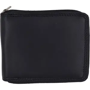 Men's Zipper RFID Blocking  Leather Zip-Around ID Bifold Wallet (Black)