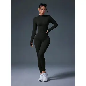 Studio Sport Women Plain Front Zipper Long Sleeve Slim Fit Sportswear Jumpsuit Can be used with a raincoat
