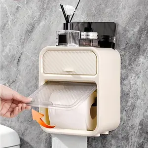 1pc wall mounted tissue holder, self-adhesive multifunctional waterproof toilet storage box, bathroom accessories, storage supplies, non drilling tissue box, tissue storage container with drawers, bathroom toilet paper storage and organizer