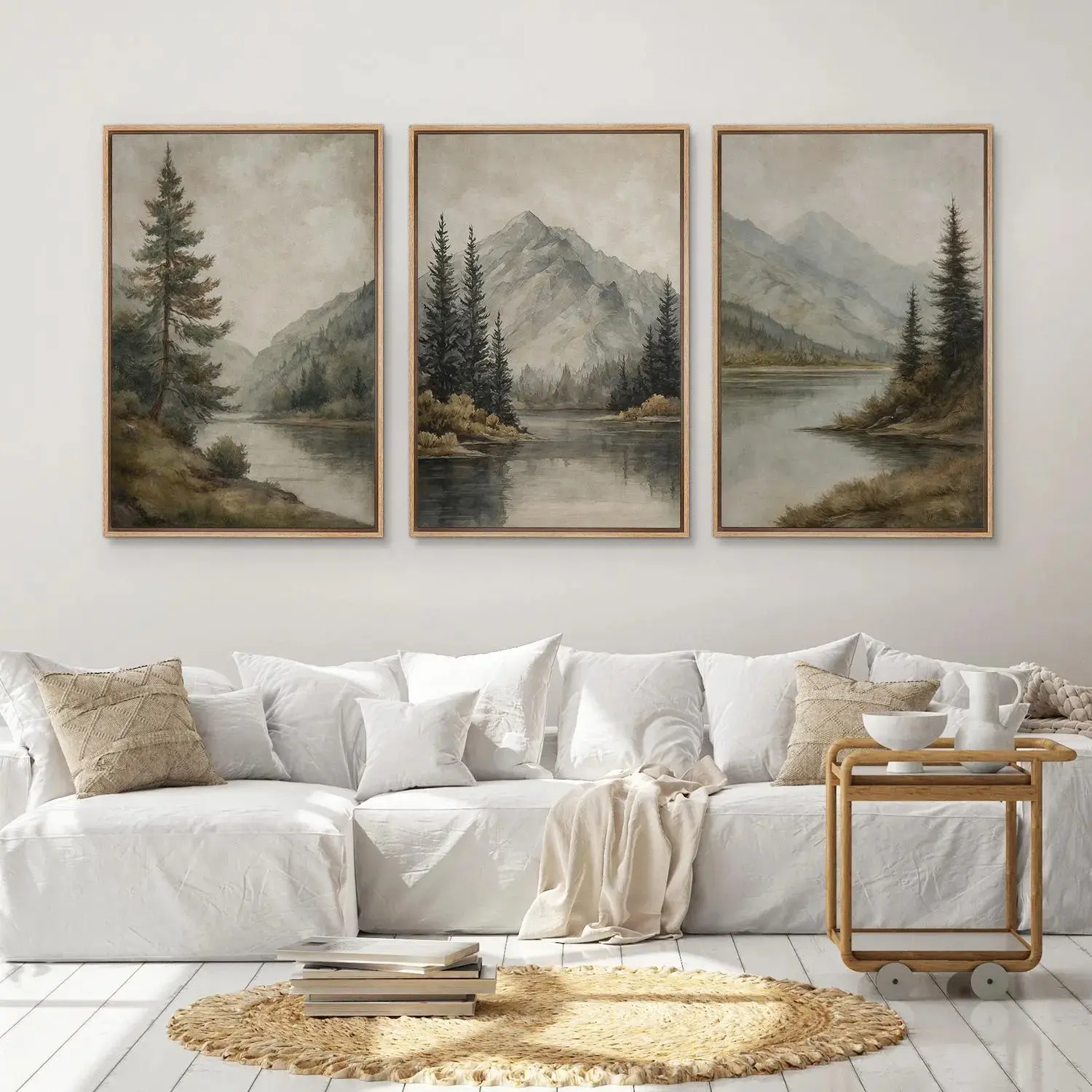 3 Piece Mountain Lake Canvas Print Set, Wall Prints, Framed Pine Trees & River Landscape, Natural Neutral Color Wall Art for Living Room Decorations or Bedroom Decoration