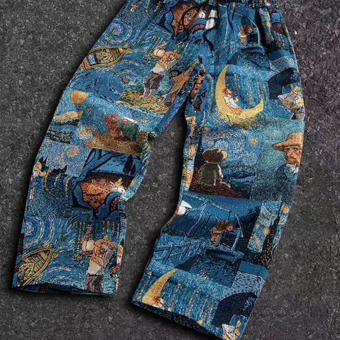 Men's Long Pants, Casual Loose Fit, Woven Coarse Yarn Jacquard Fabric, Drawstring Straight Leg Pants with Pockets, Fashion Streetwear, Casual Loose Elastic, Drawstring Elastic Waists, Casual Comfy Trouser, Casual Trousers, Casual Streetwear Clothing