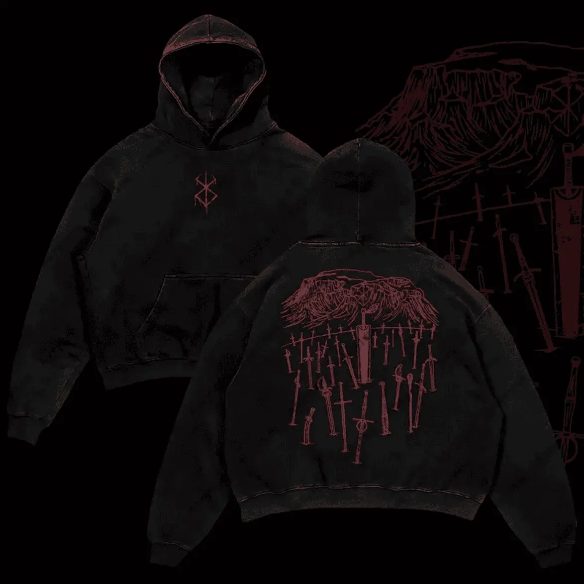 Hill Of Swords Berserk Retro Vintage Unisex Oversize Anime Manga Acid ed Heavyweight Cotton Hoodie Anime Merch Relaxed Cotton Hoodie & Sweater for All