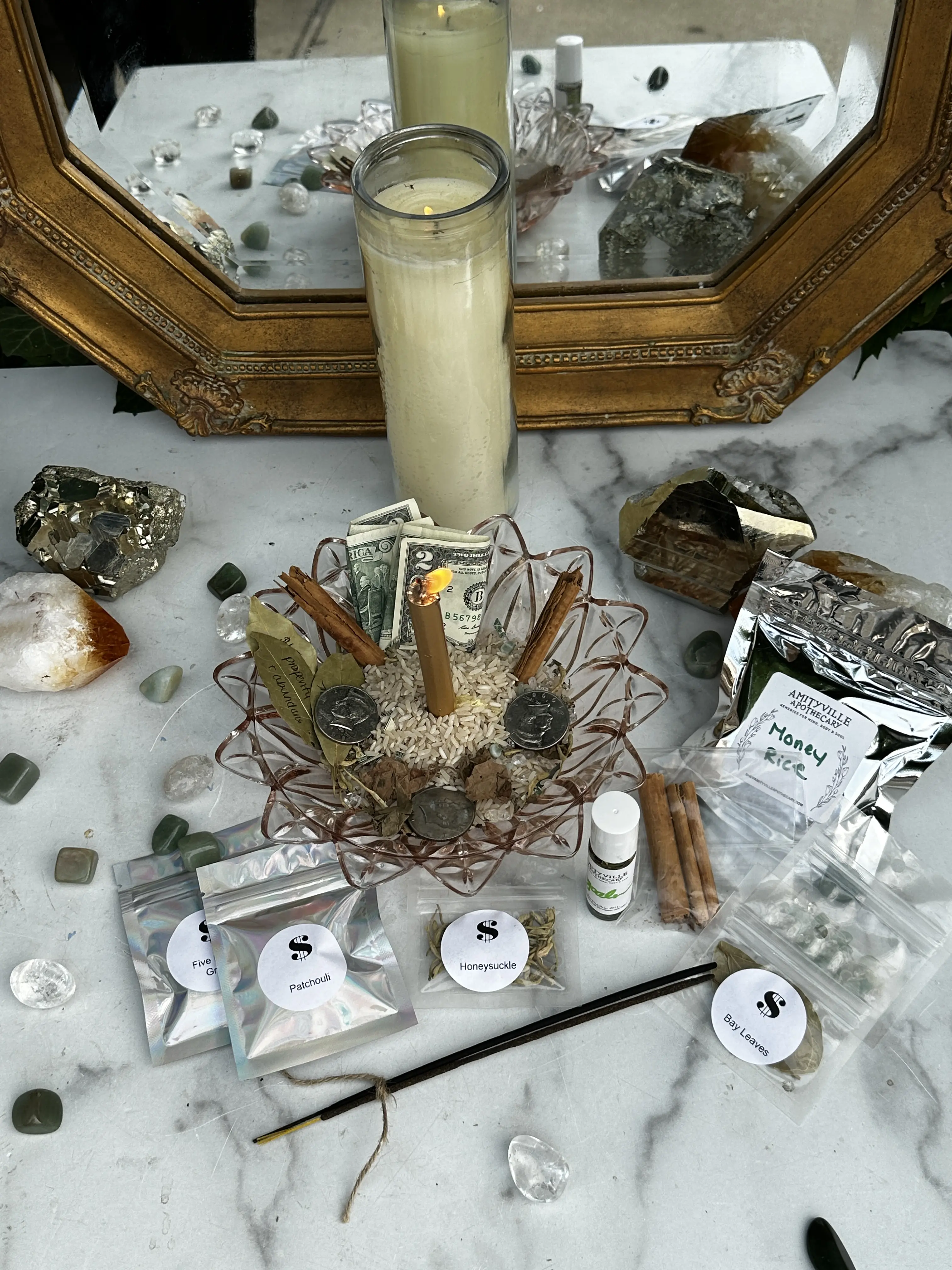 Amityville Apothecary DIY Money Bowl Spell Kit - Incense, Bay Leaves, Money Rice, 5 Finger Grass, Gold Candle, Light, Stone