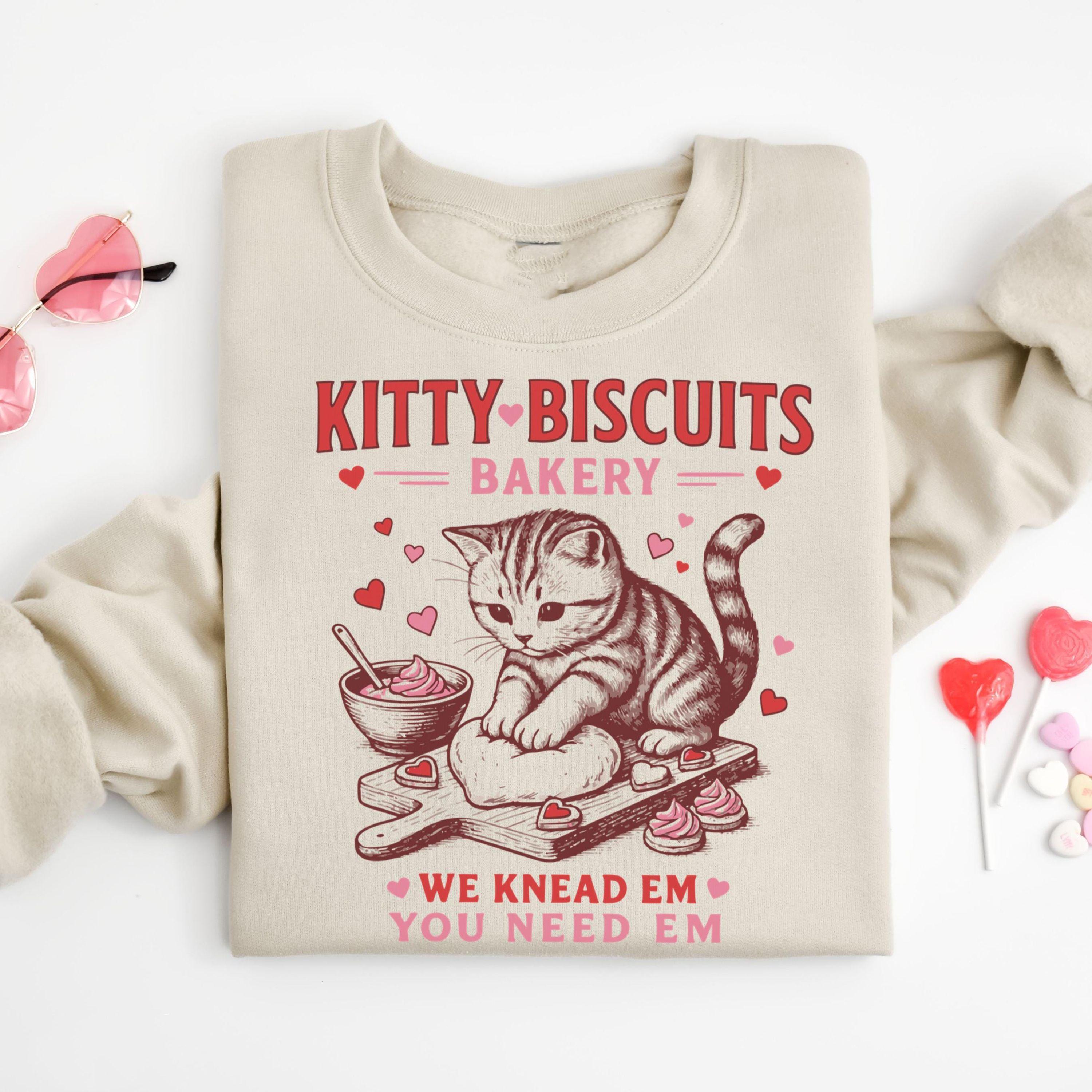 Valentines Cat Sweatshirt, Kitty Biscuits Bakery Sweater Funny Vday Cat Lover Pullover Cute Kitten Baking Cookies Love Crewneck Girlfriend, Menswear & Womenswear