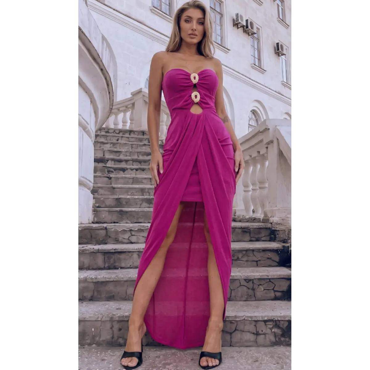 Fuchsia Strapless Maxi Dress – Elegant Bodycon Evening Gown