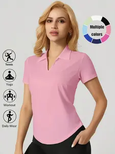 Women’s Casual Basic Polo Style V-Neck Shirt – Soft Stretchy Short Sleeve Blouse for Daily Wear– Comfortable Breathable Collared Top