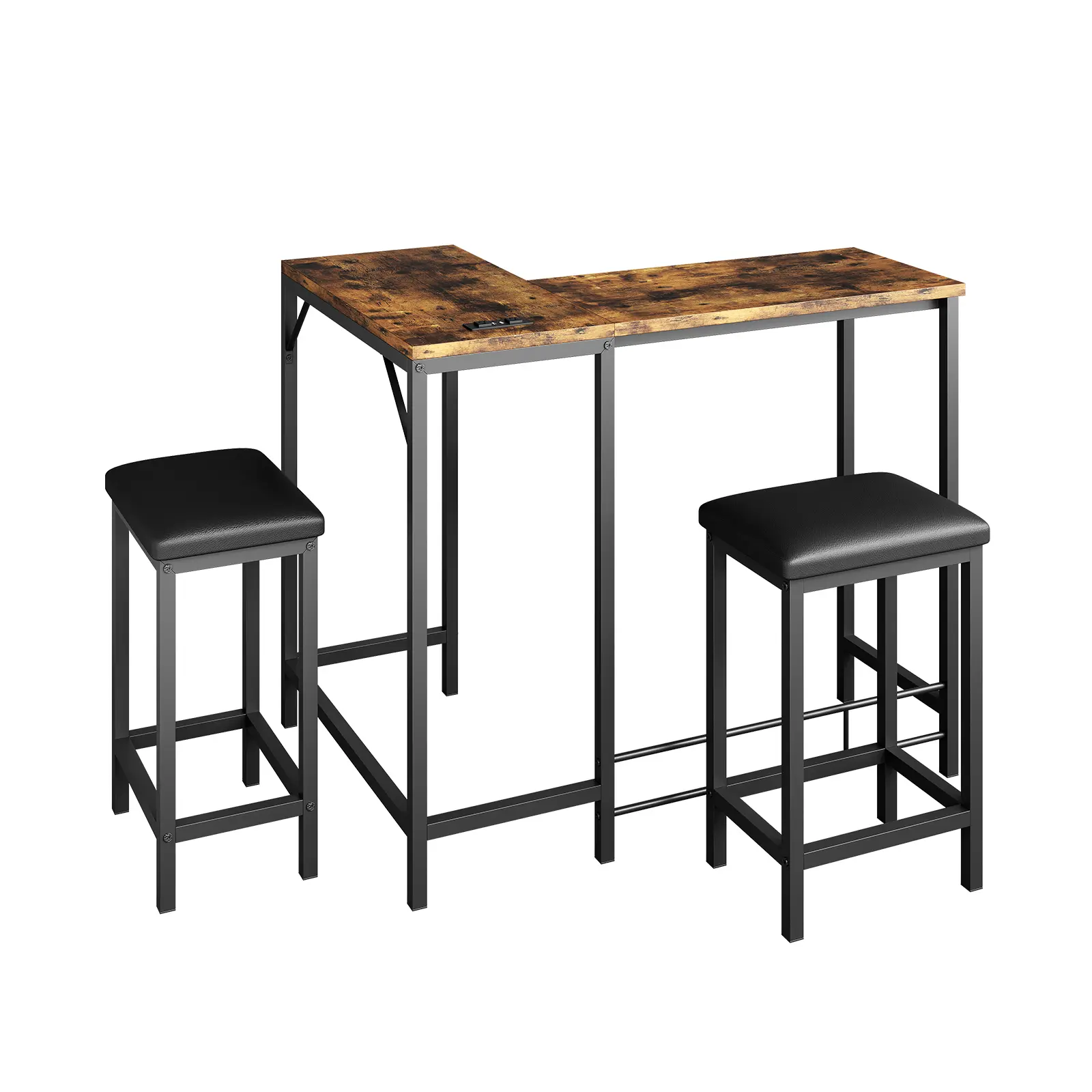63" l-Shaped Convertible Bar Table Set with Power Outlets, 3-Piece Counter Height Dining Set for 2-4, Space Saving Kitchen Breakfast Nook Corner Table with 2 Stools