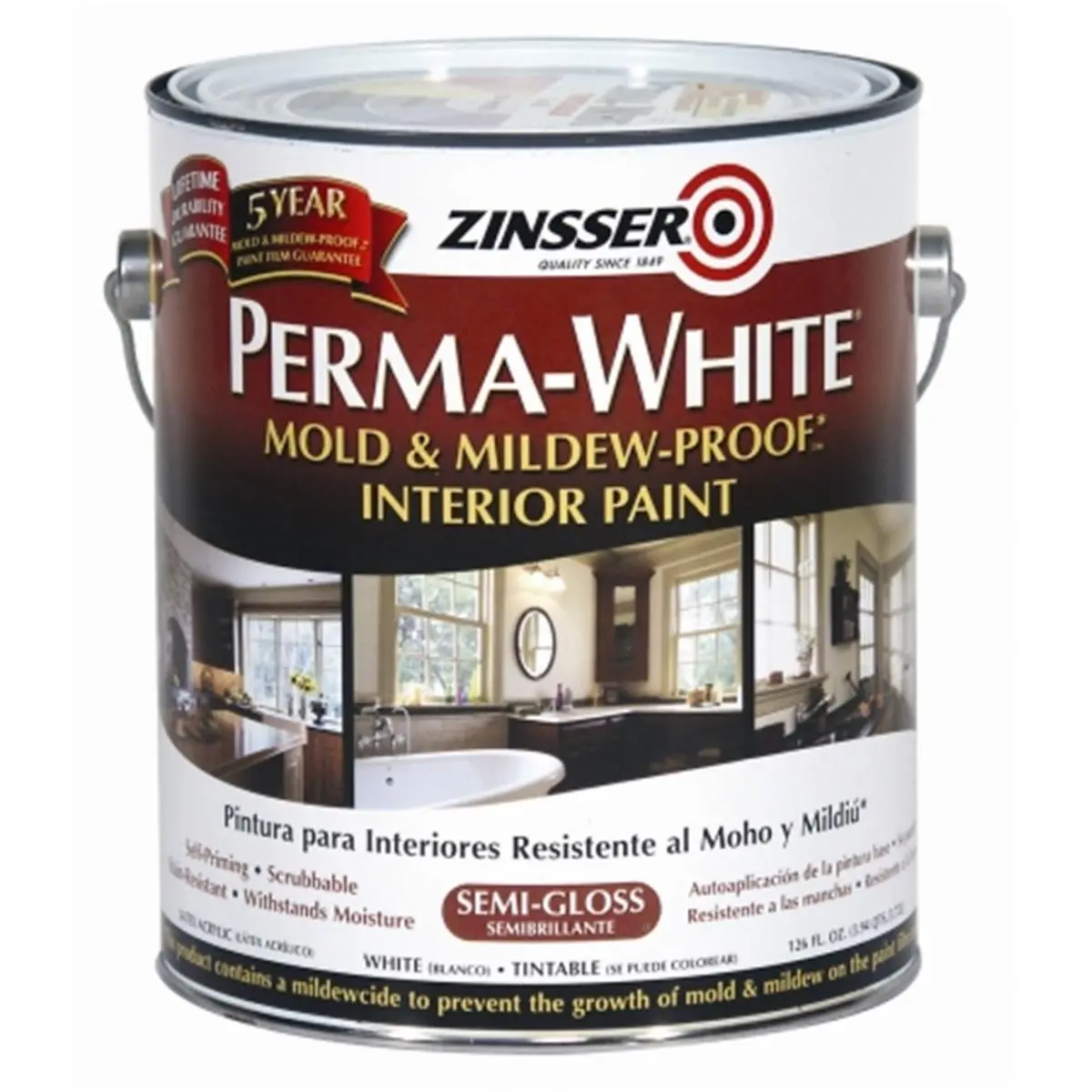 212 MAIN Rustoleum 02761 1gal Semi-Gloss Perma-White Mildewproof Wallpaint, Quick Drying Self-Priming Stain-Resist Bathroom Paint