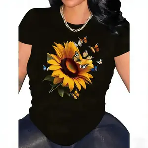 Women's Black Glossy Sunflower Butterfly Print Tee, Round Neck Short Sleeve, Relaxed Fit, Spring Summer Fall Casual Top