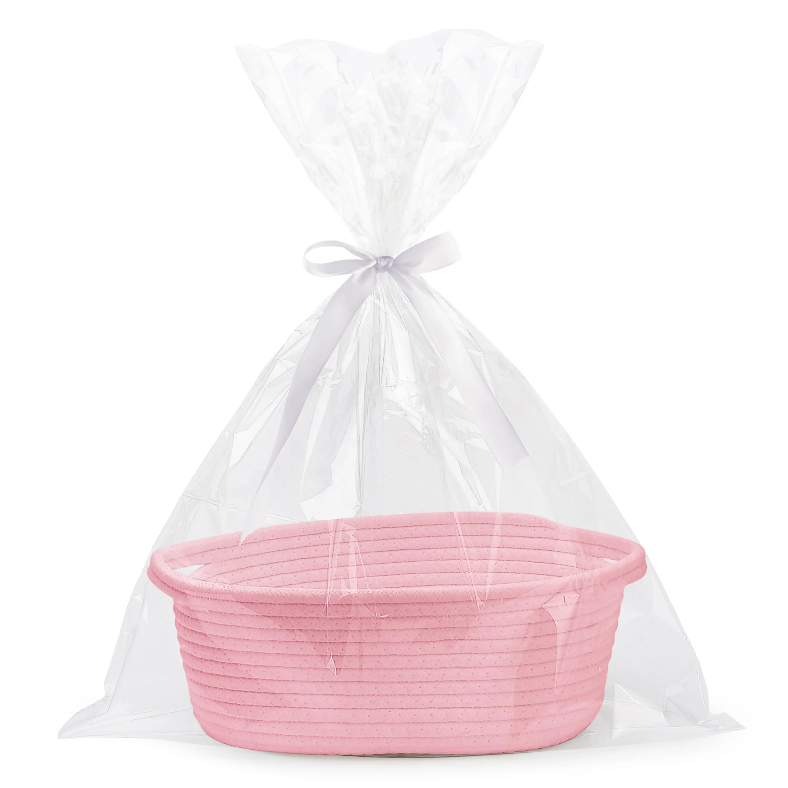Cute Woven Basket with Gift Bags and Ribbons, Small Woven Gift Basket with Handles for ,Aesthetic Pink Woven Gift Basket with Bow , Empty DIY Gift Basket Kit for Birthday, Wedding, Mother's Day