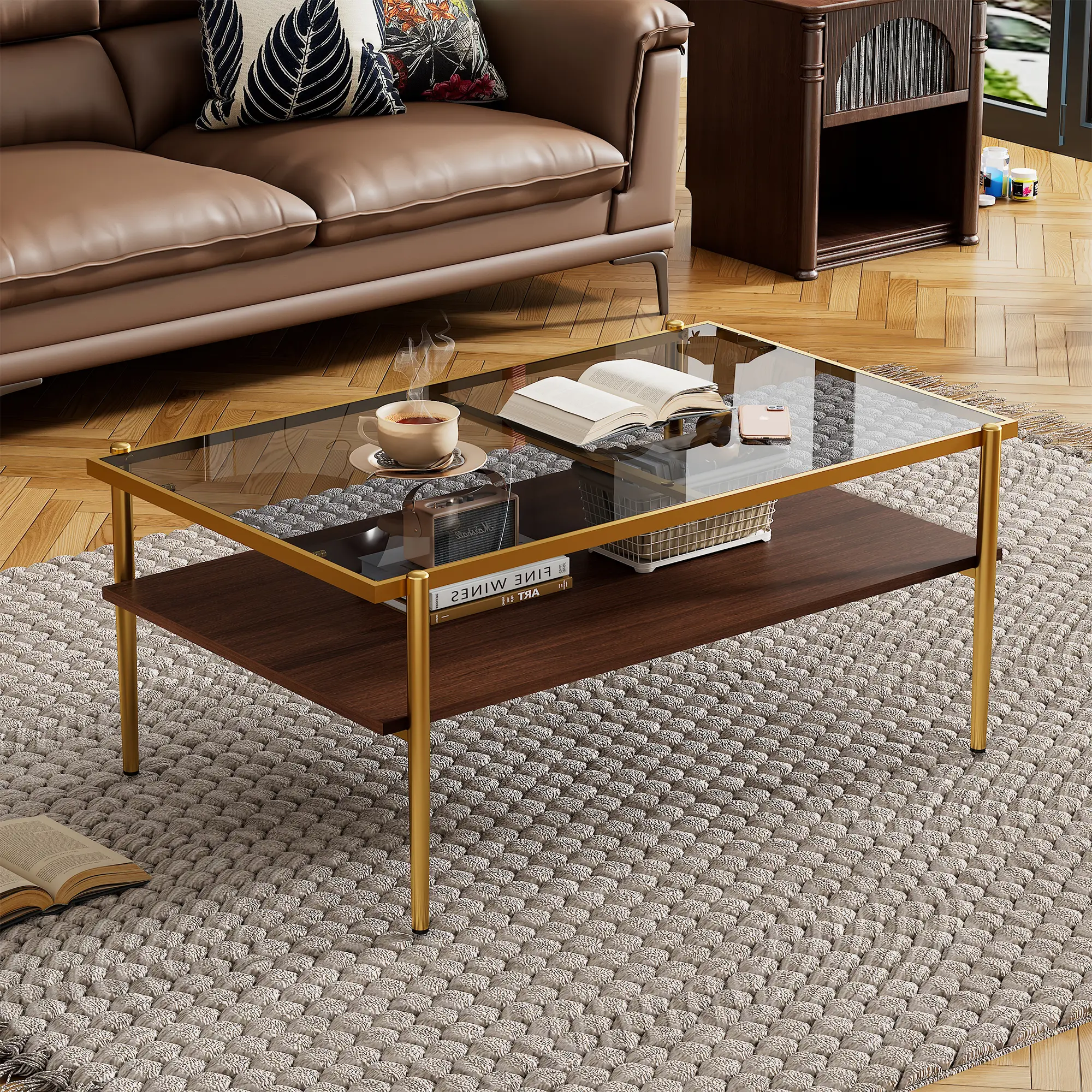 Modern Rectangular Metal Coffee Table - Gray Tempered Glass Top, Golden Legs, Easy Setup, 220lbs Load Bearing, Assembly Required, Indoor Living Room Furniture Table