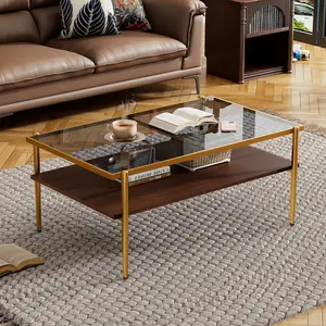 Modern Rectangle Coffee Table for Living Room - Gray Tempered Glass Top, Golden Legs