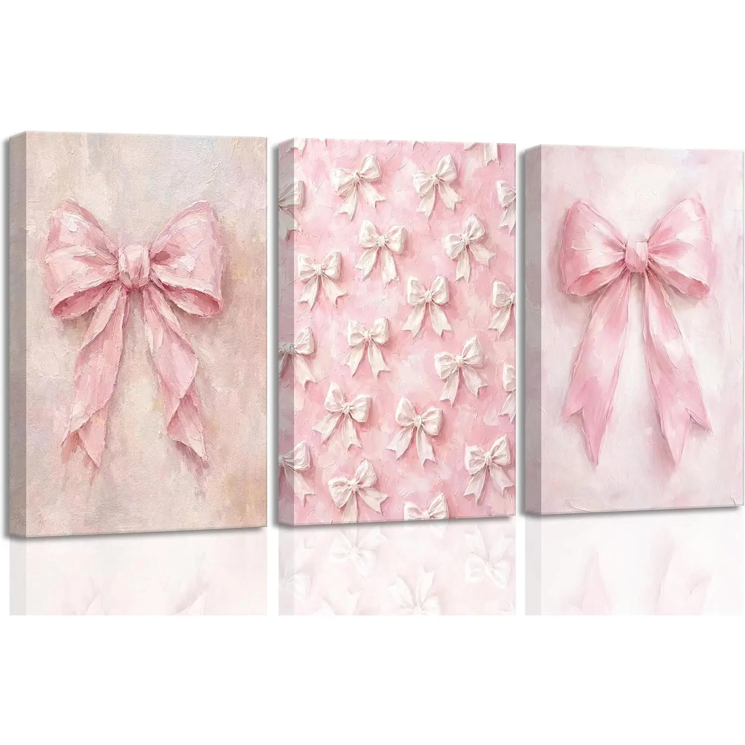 3Pcs Pink Bow Canvas Wall Art - Vintage, Cute, Preppy Artistic Pastel Print Hanging Decor Posters Prints for College Apartment, Blank Wall Home Inspo Decor, Pink Bow Hanging Decor