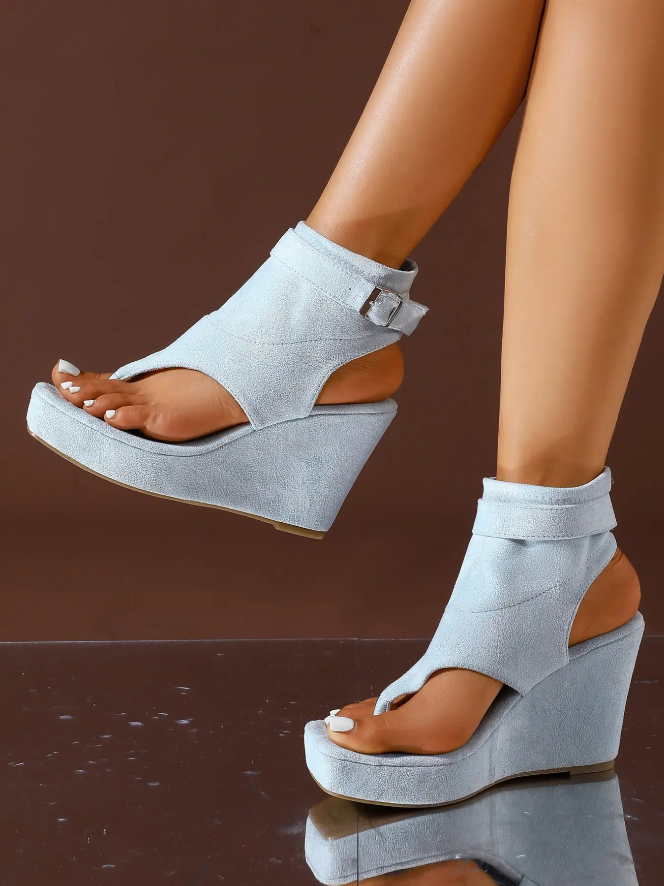Women's Multi-Color Open Toe High Heel Wedge Design Sandals, Open Toe Footwear, Faux Suede Buckle Thick Rubber Sole Waterproof Platform, Comfortable Stylish Classy Elegant Summer Commuter Heel Shoes