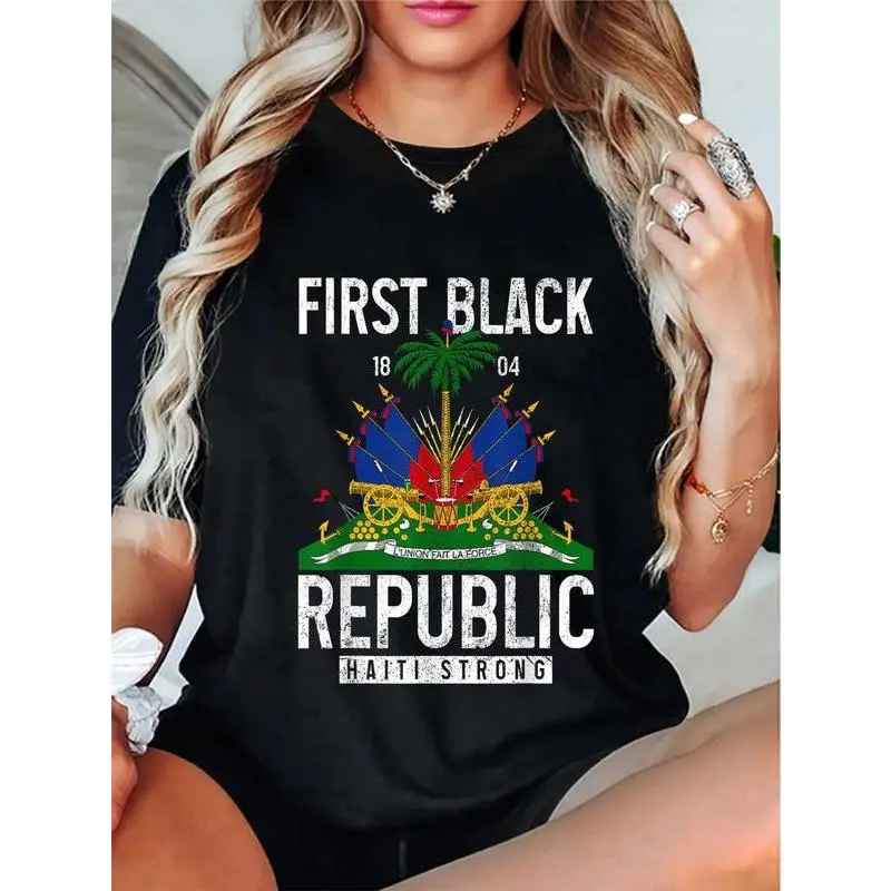 100% Cotton We Love Haiti - Haitian Pride Haitian Flag Prize T-Shirt Round Neck Short Sleeve T-Shirt Women's Men's Graphic Tee